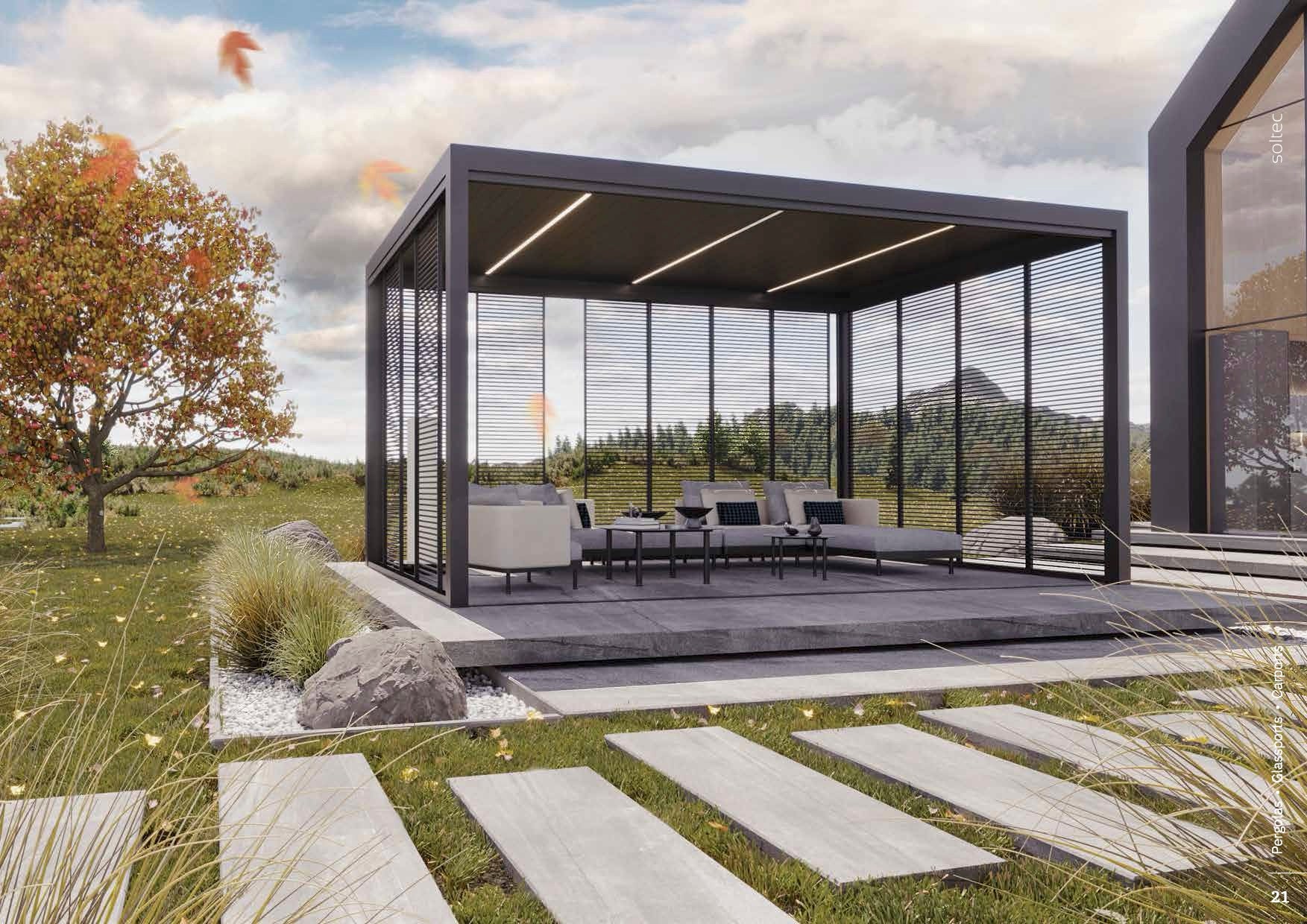Hliníková, elegantná, moderná bioklimatická pergola od Agava na jeseň s nastaviteľnými lamelami strechy a bočnými panelmi pre prispôsobiteľný tieň a prietok vzduchu
